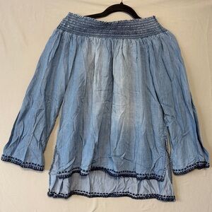 Dex Womens Chambray Off-Shoulder Boho Smocked Top Size S Bell Sleeves Hippie 70s